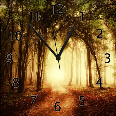 Produktbild von Wallario Design Wanduhr Sonnenuntergang auf dem Waldweg aus Echtglas, Größe 30 x 30 cm