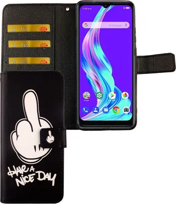 Produktbild von ZTE Blade A51 Tasche Handy Hülle Schutz-Cover Flip-Case mit Kartenfach, Farbe:Have A Nice Day Schwarz