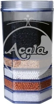 A multi-layered water filter cartridge with different filtration materials visible.