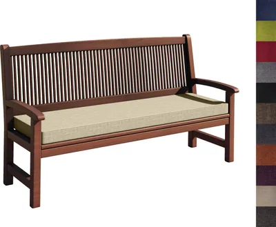 A wooden bench with a beige cushion, presented on a white background.