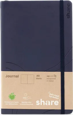 Produktbild von share Journal A5 blanko – Notizheft spendet eine Unterrichtsstunde für ein Schulkind – Upcycling Notizbuch aus Apfelschalen – anthrazit/dunkelblau