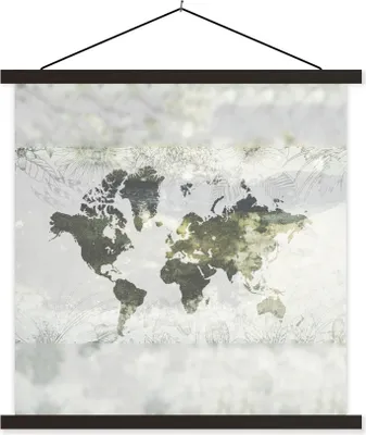 Produktbild von MuchoWow® Textilposter Weltkarte - Blume - Grau 120x120 cm mit schwarzem Rahmen - Aufhängungsset