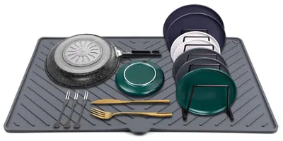 Image de Tapis de séchage en silicone – Grand tapis de cuisine, résistant à la chaleur, séchage rapide – Tapis pour vaisselle (Gris-L, 23,5 x 15,2 pouces)