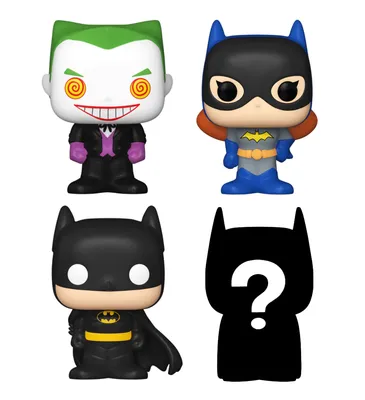 A collage of four Funko Pop! figures from the Batman franchise, including The Joker, Batgirl, Batman, and a mystery figure.
