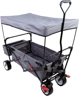 Productafbeelding van Opvouwbare Bolderkar - Inklapbare Wagen - Strand en Tuin - Met Zonnedak - 80cm Laadruimte - Grijs