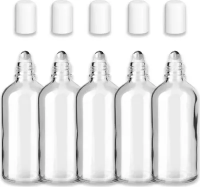 Produktbild von 5x Klare Glasflasche 100 ml Roll-on mit weißem Schraubverschluss leer