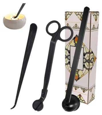 Obrázek produktu pro Sada 3 v 1 na stříhání knotů svíček, nůžky na knot svíček, hasič svíček, hasič knotů svíček, sada příslušenství pro milovníky svíček (černá)