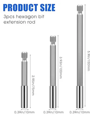 Set von 3 magnetischen Bohrer Verlängerungen mit Sechskant-Schaft