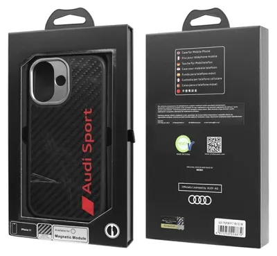 Product packaging for an Audi Sport branded iPhone case, showing the front and back of the box.