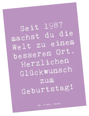 Produktbild von Mr. & Mrs. Panda Postkarte Spruch 1987 Geburtstag - Lavendeltraum - Geschenk, Postkarten, Ansichtskarte, Geburtsjahr, seit, Alter, Welt bereichern, Geburtstagsgeschenk