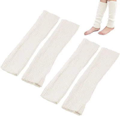 Produktbild von Set mit 2 Paar weißen, gestrickten Damen-Beinwärmern, langen, weichen Häkel-Winterstiefeln