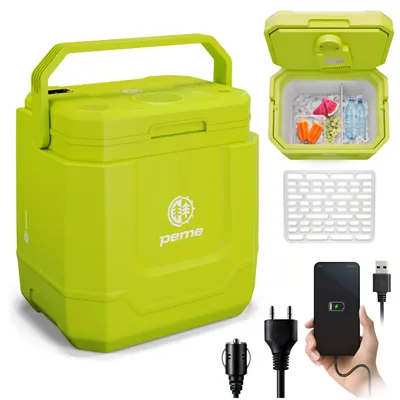 Produktbild von Peme Elektrische Kühlbox Trip Neon - Auto Camping Kühlschrank Bluetooth Lautsprecher leise Wärmebox Minikühlschrank Reise PKW LKW Zelt USB Car fridge