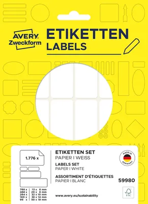 Produktbild von Avery Zweckform 59980, Etiketten zur Kennzeichnung, 160 x 227 x 10 mm, 1.770 Etiketten / 30 Bögen, weiß