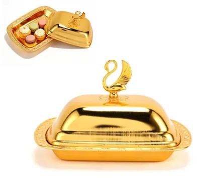 Goldene Obstschale mit Deckel, Retro-Stil, 19x14x12,5 cm