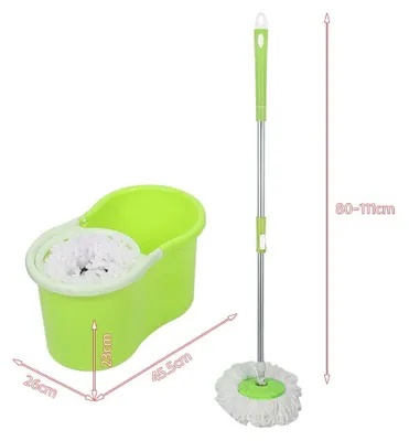 Immagine prodotto di Magic Broom - Mop a rotazione con secchio - 2 panni in microfibra - Manico regolabile in acciaio inossidabile - Set per la pulizia dei pavimenti - Verde