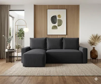Image de Canapé d’angle HAVANA gauche graphite velours côtelé Poso 34 - fonction couchage, coffre de rangement pour la literie