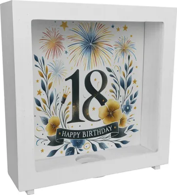 Produktbild von 18. Geburtstag Rahmen Spardose aus Holz mit Spruch Happy Birthday 18