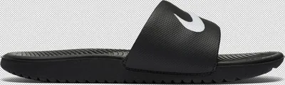 A side view of a black Nike slide sandal with a white Nike swoosh logo.