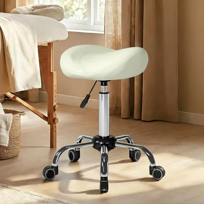Produktbild von Rollhocker Sattelhocker Kosmetikhocker, Sattelstuhl höhenverstellbar auf Rollen, Kunstleder gepolstert, Cremeweiß | 5 Rollen | 360° drehbar | 55–71 cm