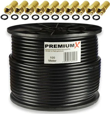 Produktbild von PremiumX 100m DELUXE PRO Koaxialkabel Schwarz 135dB 5-Fach Kupfer 10x F-Stecker