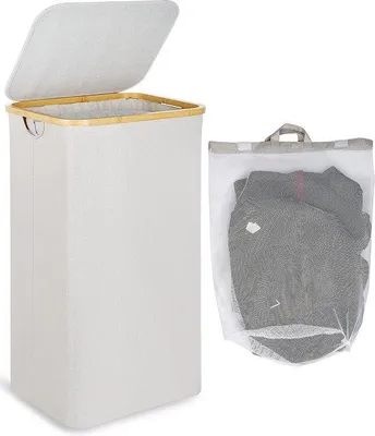 Produktbild von Unyqoos® Wäschekorb mit Deckel, 100 l – hoher stabiler Wäschebehälter mit Bambusgriffen und herausnehmbarem Innensack, beige, 33,5×41,9×73,9 cm