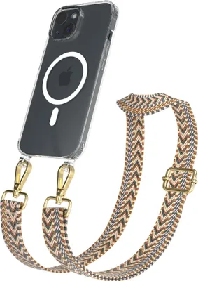 Produktbild von EAZY CASE - Handykette mit MagSafe Hülle für Apple iPhone 15, Handyband ZigZag Style,Karabiner Gold, Umhängeband in Braun