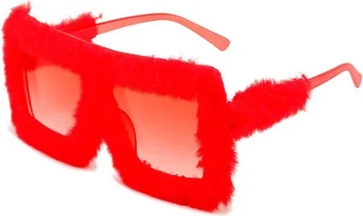 Produktbild von Damen-Sonnenbrille, flauschiger Plüschbesatz, länglicher PC-Rahmen, UV-Schutz, Sonnenschutzbrille für Clubpartys, Fotografie