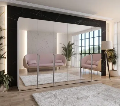 Obrázek produktu pro Šatní zrcadlová skříň 300 cm SORAYA 3 - bílá / kašmírové úchyty