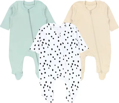 Produktbild von TupTam Baby Unisex Schlafstrampler Mädchen Schlafanzug mit Fuß Jungen Spieler 3er Pack, Farbe: Punkte/Salbeigrün, Größe: 92