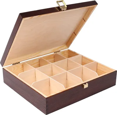 Produktbild von Creative Deco Braune Tee-Box aus Natürliches Kiefernholz | 29 x 25 x 7,5 cm | mit 12 Fächer und Deckel | Tee-Organizer | Perfekte Tee-Kiste für Decoupage, Dekoration Lagerung der Teebeutel