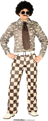 A man wearing a 70s-style disco costume.