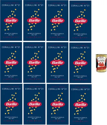 Produktbild von Barilla Corallini N.31 – 12×500 g Suppenpasta aus Hartweizengrieß, kleine Röhrchen für Brühen & Minestrone, al dente in 7 Min., hergestellt in Italien + Italian Gourmet polpa