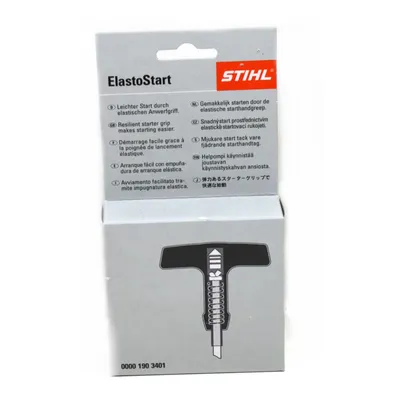 A product box for a STIHL ElastoStart grip, showing the product name, brand logo, and descriptions in multiple languages, along with an illustration of the product.