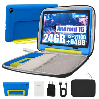 Produktbild von Kinder Tablet 10 Zoll mit Android 16, 24 GB RAM, 64 GB ROM erweiterbar auf 1 TB, 6000mAh, Kindersicherung, WiFi 6, mit Tragetasche