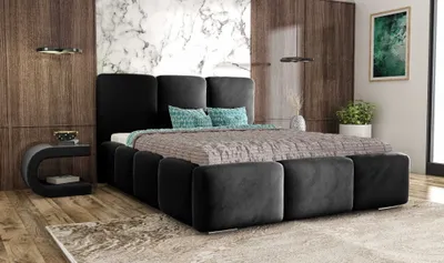Zdjęcie produktu dla Łóżko tapicerowane AGMAT ROYAL z wezgłowiem, 180 x 200 cm, łóżko dwuosobowe z podstawą łóżka i stelażem z listew metalowych, tkanina welurowa, kolor: czarny