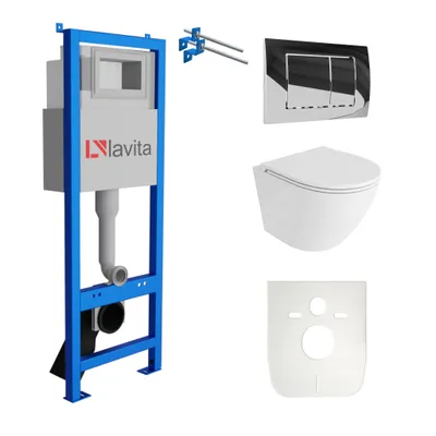 Produktbild von Lavita LAV 101 Vorwandelement für WC 40cm + Wand Hänge Tiefspül WC SOFI ONE Weiß Spülrandlos + Bedienplatte LAV 200.1.2 Verchromt  | Komplettset | Unterputz Spülkasten | Toilette Komplett Sett