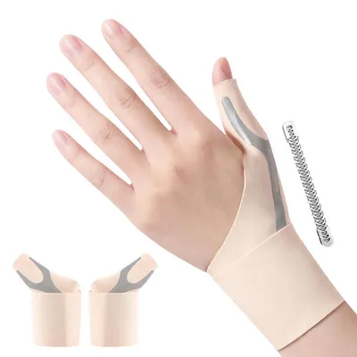 Produktbild von Daumensattelgelenk Bandagen 2 Stück M beige – Elastische Handgelenkschiene Kompressionshülse | Für Damen & Herren