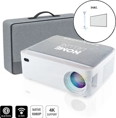 Produktbild von HOME DELUXE - Beamer LINO inkl. Leinwand und Beamerhalterung - Farbe: Weiß inkl. Stoffabdeckung, Lichtstärke: 400 ANSI Lumen, Full HD 4K, Android V9.0, WiFi 5G, Bluetooth 5.0 - inkl. Tragetasche