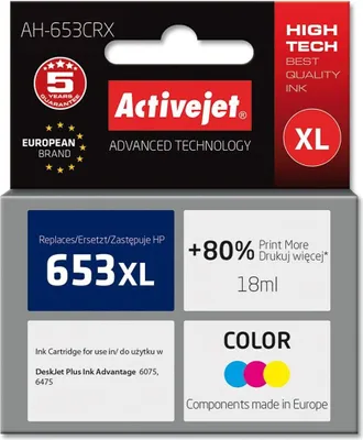Produktbild von Activejet AH-653CRX Tintenpatrone (Ersatz für HP 652 F6V24AE; Prämie; 320 pages; farbe), Hohe (XL-) Ausbeute, Cyan, Magenta, Gelb, Tinte auf Farbstoffbasis, 18 ml, 1 Stück(e), Einzelpackung