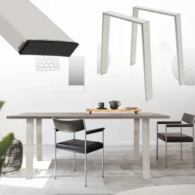A product image showing table legs and a table with chairs in a room.