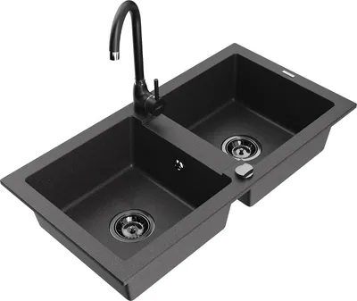 Produktbild von Mexen Mario 2-Becken-Granitspüle mit Mischbatterie Telma, Schwarz gesprenkelt - 6504-76-670200-70-B