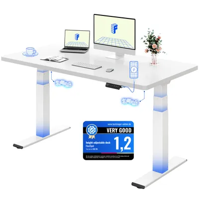 Zdjęcie produktu dla FLEXISPOT ValtreX E200 Biurko z regulacją wysokości 140 x 80 cm, nośność 200 kg, jednoczęściowy blat o grubości 25 mm, 2 silniki, złącze USB, kolor biały
