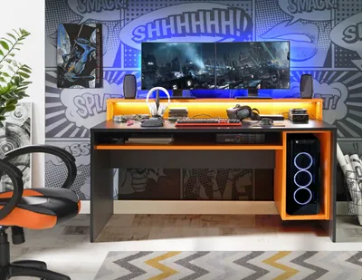 Produktbild von TURKU Gaming Schreibtisch 160 x 70 cm inkl. Beleuchtung Schwarz / Orange
