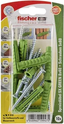 Produktbild von Fischer 524823, Schrauben- & Dübelsatz, Autoklaven-Porenbeton, Mauerziegel, Beton, Gipsblock, Nylon, Grün, 8 mm, 40 mm