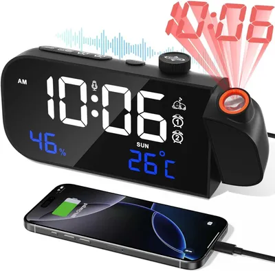 Produktbild von Digitaler Wecker, Projektionswecker, Wecker mit Projektion, Radiowecker, mit Temperatur und Luftfeuchtigkeit, Sprachaktiviert, Dimmer