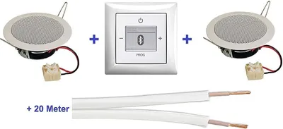 Produktbild von Busch Jäger Unterputz Bluetooth Radio 8217 U (8217U) alpinweiß Komplett-Set Balance SI + 2 x Deckenlautsprecher / Einbaulautsprecher (Diverser) + Radioeinheit inkl. Bedienelement + 1-fach Rahmen + 20 Meter Lautsprecherkabel 2x0,75 mm2 Unterputzradio