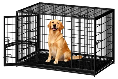 Produktbild von Hochbelastbarer Hundekäfig, XXL Gitterbox für Zuhause, 4-Türige Metallhundebox mit Seitentür und Herausnehmbarer Bodenschale, Leicht zu Reinigen, Haustierkäfig, Schwarz, 122 x 74,5 x 80,5 cm