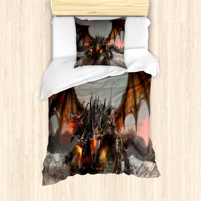 Produktbild von ABAKUHAUS Fantasy World Mantele, Drachen Monster, Milbensicher Allergiker geeignet mit Kissenbezügen, 135 cm x 200 cm - 80 x 80 cm, Braun-grau