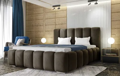 Zdjęcie produktu dla Łóżko tapicerowane AGMAT BALI z wezgłowiem, 200 x 200 cm, łóżko podwójne z podstawą łóżka i metalową ramą z listew, tkanina welurowa: brązowy