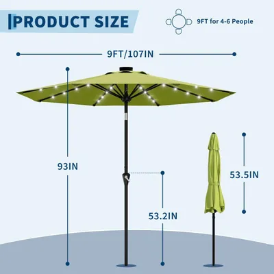 Zdjęcie produktu dla Parasol tarasowy solarny, 2,7 m - parasol do stołu, z oświetleniem LED, mechanizmem obrotowym, funkcją regulacji kąta nachylenia, 8 stabilnych ramion, kolor zielony